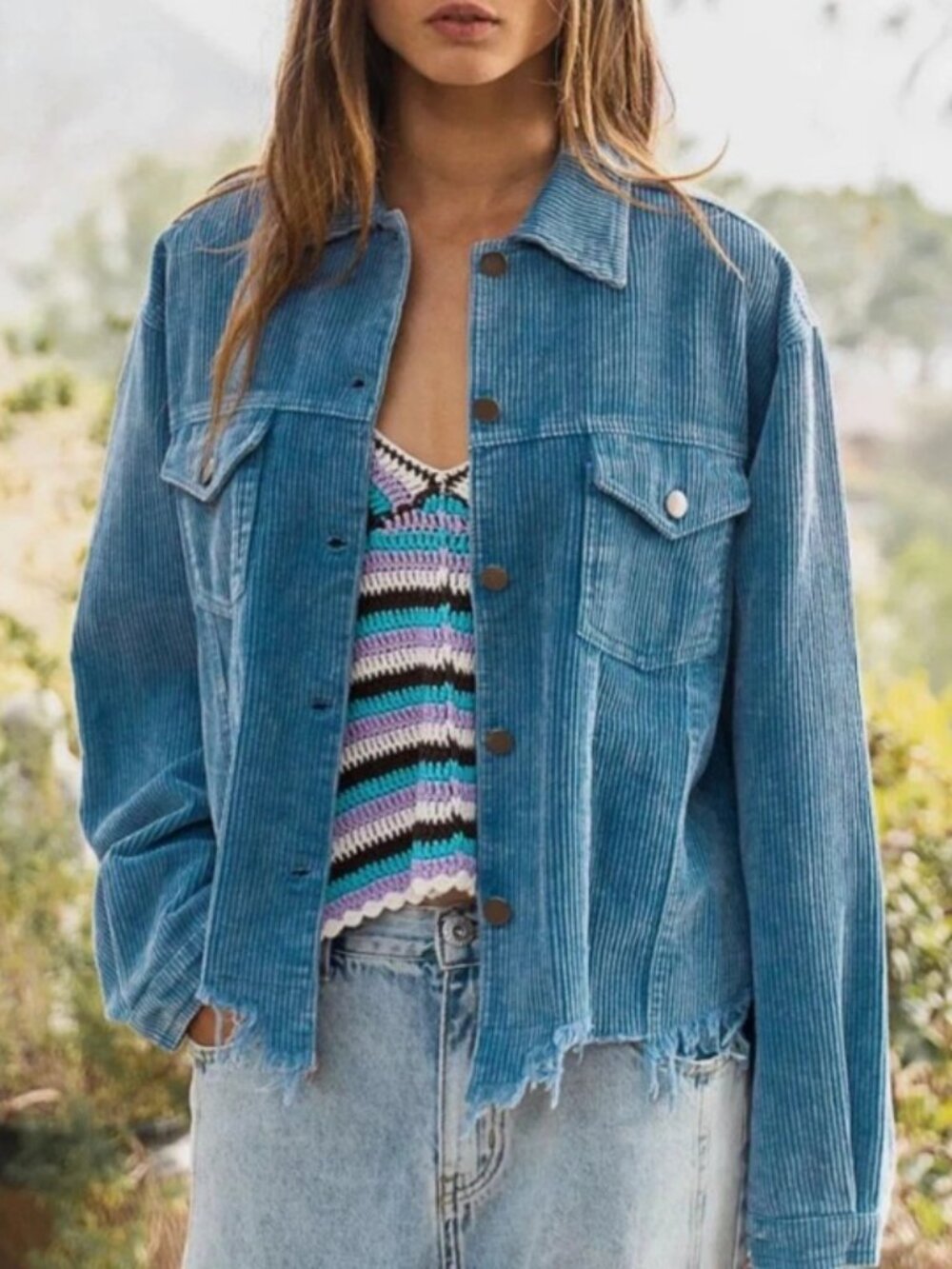 POL Corduroy Jacket Raw Hem Ripped Distressed Light Blue Casual Button Front M